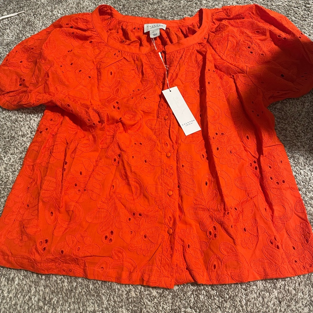 Calypso St. Barth Bright Orange Eyelet Blouse